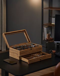 SONGMICS Krabička na hodinky s 12 přihrádkami, krabička na hodinky z masivního dřeva, se skleněným víkem