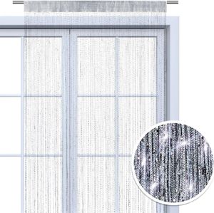 wometo Faden-Vorhang Glitzer-Vorhang 90x245 - silber-silber glänzender Deko Schal OEKO-TEX transparent halbtransparent Weihnachten