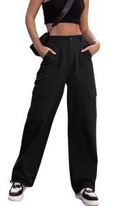 ASKSA Dámské kalhoty Y2K Cargo s vysokým pasem, strečové, turistické kalhoty, sportovní tepláky s kapsami, černá, M