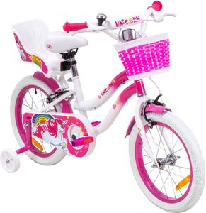 Actionbikes Kinderfahrrad Unicorn 16 Zoll - Kinder Fahrrad - Caliper Bremsen - Kettenschutz - Stützräder - Kinderrad - Rad - Bike - Mädchen - Pink - 4-7 Jahre