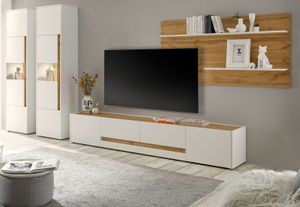 Wohnwand "Center" in weiß und Wotan Eiche Set 4-teilig 400 x 197 cm mit großem TV Lowboard