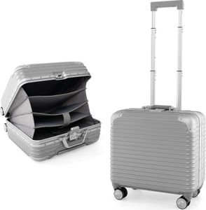 GOPLUS 16" Handgepäck mit Aluminiumrahmen, robuster Reisekoffer mit Laptopfach & 4 Universalräder, Hartschalenkoffer mit Teleskopgriff & TSA-Schloss, Silber