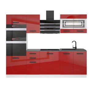 Belini Küchenzeile Küchenblock Tracy - Küchenmöbel 240 cm Einbauküche Vollausstattung ohne Elektrogeräten mit Hängeschränke und Unterschränke, ohne Arbeitsplatten, Rot Hochglanz