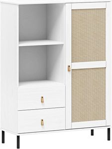 Highboard 100 cm breit in Kiefer massiv weiß mit Kunststoffgeflecht, WATFORD-69