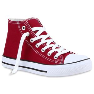 Mytrendshoe Freizeit Damen Sneakers High Viele Farben & Größen Canvas Schuh 811070, Farbe: Dunkelrot, Größe: 36