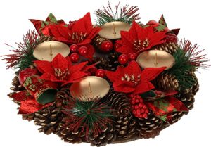 Bambelaa! Künstlicher Adventskranz mit 4 Kerzenhaltern in Gold - Geschmückt mit Tannenzapfen, Weihnachtssternen und roten Beeren - Ca. 27 x 27 x 8 cm