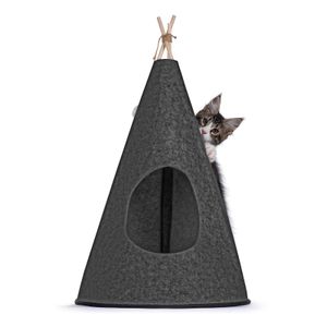 Fudajo Katzenzelt mit Liegematte Tipi aus Filz und Holz Haustierzelt für Katzen und kleine Hunde