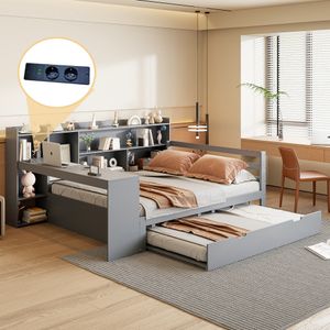 Flieks Tagesbett Schlafsofa Holzbett 140x200cm mit Ladefunktion (Steckdose&USB), Daybed Doppelbett mit Ausziehbett, Regal & Schreibtisch, Grau