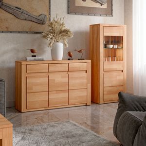 Set Kommode und Vitrinenschränke Bergen aus Kernbuche teilmassiv geölt, grifflose Optik