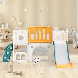 Flieks Kinderrutsche Indoor, 6 in 1 Kinderrutsche mit Rutsche, Basketballkorb, Einstiegsplattformen und Unterschrank, Rutsche Kinder mit Treppe, Grün