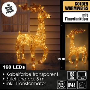 XXL LED Acryl Hirsch Weihnachtsfigur 120cm beleuchtet Weihnachtsdeko Außen & Innen Gold Warmweiß