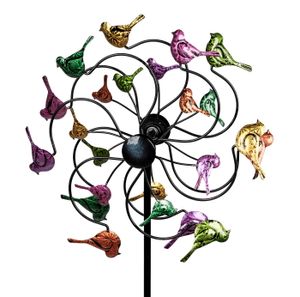 Gartenstecker doppel Windrad Metall Vögel Windmühle Windspiel Garten Deko Figur