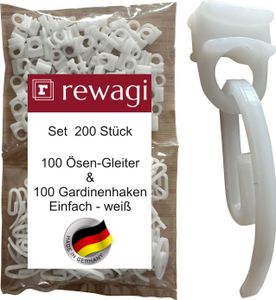 rewagi 100 Steckhaken - Gardinenhaken Einfach & 100 Ösengleiter CIE - Überklipshaken, Faltenhaken für Gardinenschiene/Gardinenleiste - weiß