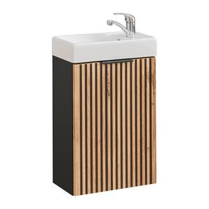 Waschbeckenunterschrank mit Waschbecken Gäste WC XANTEN-56 in anthrazit mit Eiche Nb. schwarz gerillt, B/H/T: ca. 41/66/22 cm