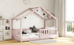 DOMI Hausbett Kinderbett 100x200 Rosa Kiefer Holzbett Lattenrost Rausfallschutz Holz Beinhöhe 3cm