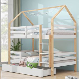 Flieks Etagenbett 90x200cm für 2 Kinder, Hochbett mit Rausfallschutz, Hausbett Stockbett Kinderbett mit Schubladen und Leiter