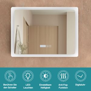 Puluomis Badspiegel mit LED Beleuchtung dimmbar 80x60,Badezimmerspiegel mit Digitaluhr und Temperatur 6500k beschlagfrei wasserdicht