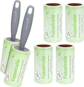 WELLGRO 6er Set Fusselrollen - 6 Rollen mit je 90 Blatt + 2 Abroller, 540 diagonal perforierte Blätter für leichtes Abziehen - Fusselroller