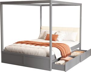 Abrihome Himmelbett 140x200cm Doppelbett mit 2 Schubladen und Weicher Rückenlehne, Holzbett Grau