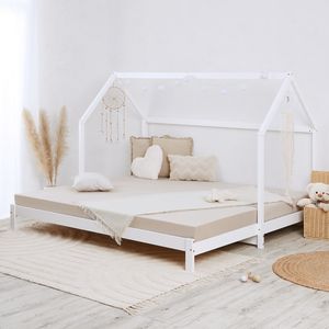 Homestyle4u 2591, Kinderbett ausziehbar Hausbett mit Lattenrost 90x200 cm Weiß Holz Kiefer, Gästebett Ausziehbett