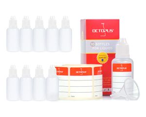 10 Plastikflaschen 30 ml LDPE, G14, Tropfeinsatz, Deckel weiß, 1 Mini-Trichter
