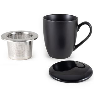 Hanseküche Teetasse mit Deckel und Sieb – XXL Teebecher 600ml – Große Tee Tasse Keramik – Jumbotasse – Tasse mit Deckel (Schwarz)