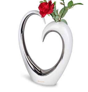 Deko Blumenvase Herz 32cm weiß silber glasierte Keramik Vase