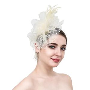 Party Fascinator Hut Mesh Feder Blumen Dekor Kopfschmuck Hochzeit Kopfbedeckung Kunstperle Bühnenauftritt Kopf Dekor Hut Braut Haarschmuck-Beige