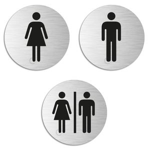 WC-Schild Türschild Toilettenschild 3er-Set Aluminium Edelstahloptik Damen + Herren + Damen&Herren Ø 75 mm