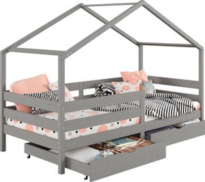 Hausbett ENA aus massiver Kiefer, schönes Montessoribett in 90 x 200 cm, Kinderbett mit Rausfallschutz, stabiles Spielbet mit Dach und 2 Schubladen in grau