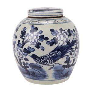 Fine Asianliving Chinesische Vase mit Deckel Blau Weiß Porzellan Handbemalte Vögel D30xH30cm Dekorative Vase Blumenvase Orientalische Keramik Vase Dekoration Vase Moderne Tischdekoration Vase