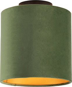 QAZQA - Landhaus I Vintage I Rustikal Deckenleuchte I Deckenlampe I Lampe I Leuchte mit Samtschirm grünIGold I Messing 20 cm - Combi schwarz I Wohnzimmer I Schlafzimmer - Textil Rund - LED geeignet E2
