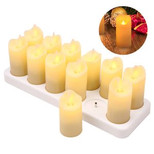 12 PCS wiederaufladbare flammenlose Kerzen Realistische warmgelbe LED Akku-Stumpenkerzen Elektrische Kerzenlichter mit flackernder Flamme fuer Weihnachten Halloween Hochzeitsfeier