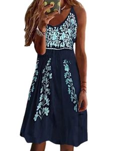Damen Sommerkleid Trägerkleid Spaghettiträger Knielang Strandkleid Swing Boho Kleid Navy blau,Größe 2Xl