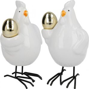 Dekoracyjny kurczak ze złotym jajkiem, porcelanowa figurka wielkanocna, zestaw dekoracji wielkanocnych H12cm, opakowanie 2 szt