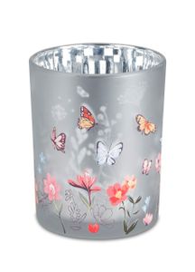 Teelichthalter, Windlicht SOMMERZEIT mit Blumen H. 13cm silber Glas Formano O24