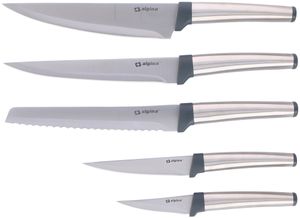 alpina Kochmesserset 5-Teilig - Profi Messerset - Multifunktionales Chefmesser - Bestückt für Küchen - Allzweckmesser aus Edelstahl - Brotmesser - 20,5 bis 33,5 cm - Silber