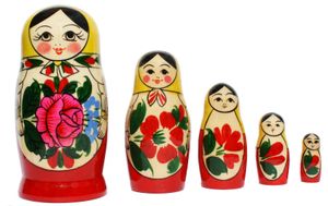 Semenovskaya Matroschka Babuschka russische Puppen Gelbes Tuch Set aus 5 Holzfiguren 11cm hoch
