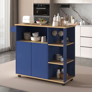 Sweiko L 105 cm x B 38 cm x H 84 cm, moderner minimalistischer Speisewagen, Anrichte, Arbeitsplatte mit Holzmaserung, marineblaue Schränke, Mikrowellenregal, 360°-Lenkrollen, geeignet für Küche und Esszimmer