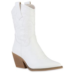 VAN HILL Damen Cowboystiefel Stiefel Spitz Zierperlen Schuh 841116, Farbe: Weiß, Größe: 40