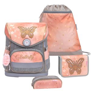 Belmil ergonomischer Schulranzen Set 4 -teilig für Mädchen 1-4 Klasse Grundschule//Brustgurt/Magnetverschluss/beige, grau (405-41 Golden Butterfly)