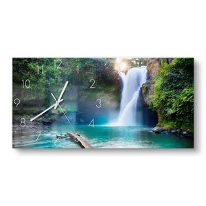 DEQORI Glasuhr 60x30 cm Zahlen 'Tegenungan Wasserfall' Wanduhr Glas Uhr Design leise