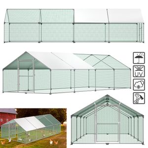 XMTECH 3x8x2m Chicken Coop Animal Enclosure Free-Roaming Pen with PE Shade Roof, Galvanized Steel Frame, Outdoor Fence Used for Chickens, Poultry Houses, Small Animals