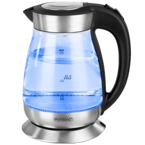 Monzana Wasserkocher 1,7L LED Kabellos Glas Edelstahl 2200W Küche Teekocher Kalkfilter BPA Frei Überhitzungsschutz 360 Grad Basis