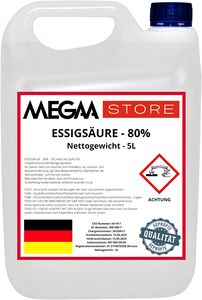 Megaastore Essigsäure 80% (E260) (UN2790) | Ideal als Reiniger und Entkalker für Haus und Terrase | 5 Liter