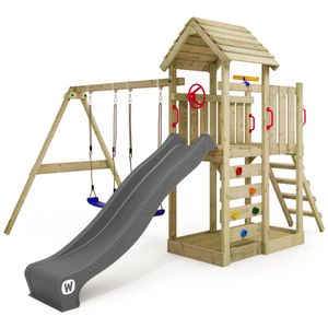 WICKEY Spielturm Klettergerüst MultiFlyer Holzdach mit Schaukel & Rutsche, Kletterturm mit Holzdach, Sandkasten, Leiter & Spiel-Zubehör - anthrazit