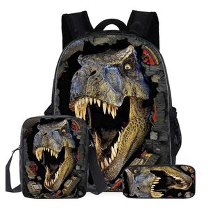 3 ks dětské školní batohy Dinosaurus tisk školní taška taška přes rameno s obědovou taškou + penál（16 palců, černá）