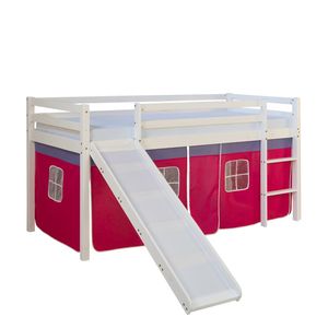 Homestyle4u 540, Detská podkrovná posteľ so šmykľavkou, rebrík, záclona ružová, masívne drevo biela borovica, 90x200 cm