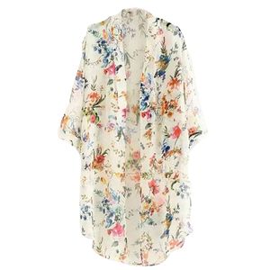 Frauen Sommer Blumen gedruckt lange lose Kimono Cardigan Bluse Tops Cover Up Beige L.