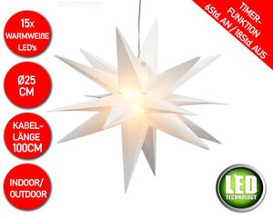3D Leuchtstern inkl. warm-weißer LED Beleuchtung | Weihnachtsstern Advent Stern Deko beleuchtet | für Innen und Außen geeignet | mit Timerfunktion | 15 LEDs | Weiß | Ø25cm